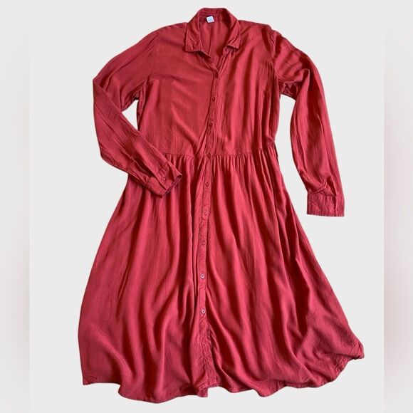 Old Navy Button Front Midi Shirt Dress Size L Crepe Seamed Waist Long Sleeves - Picture 2 of 15